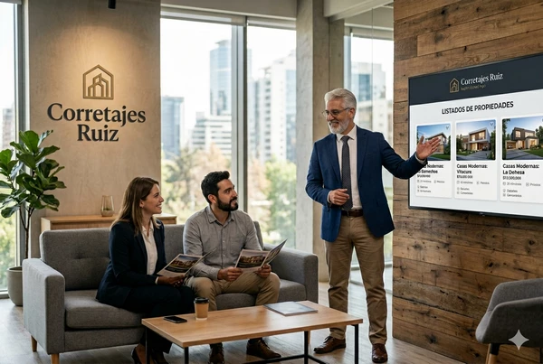 Agente inmobiliario mostrando opciones de propiedades a clientes en oficina moderna
