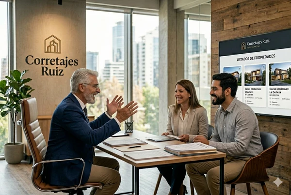 Familia feliz firmando documentos de compra de propiedad