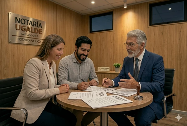 Notario revisando escritura de compraventa con clientes