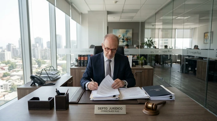 Abogado Juan Pérez revisando documentación legal de propiedades en oficina moderna